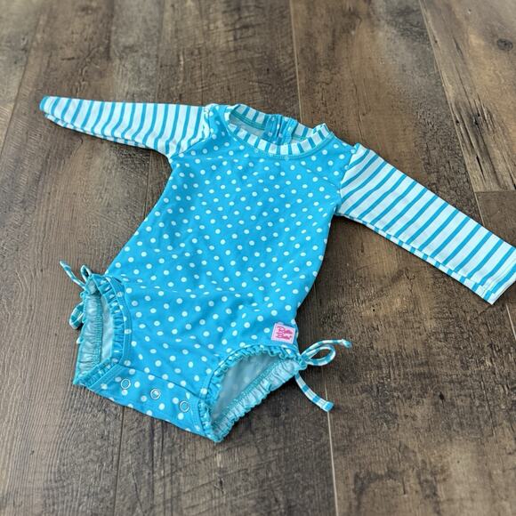 RUFFLE BUTTS Infant Girl Teal Swimsuit Polka Dot Long Sleeve Rash Guard 6-12m - Picture 1 of 5